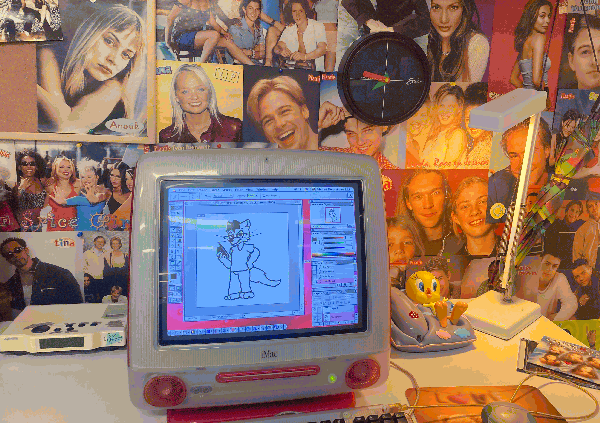 iMac G3 (pink) running Photoshop displaying my crude drawing of a cat fursona, surrounded by photos of various popular artists of that era.